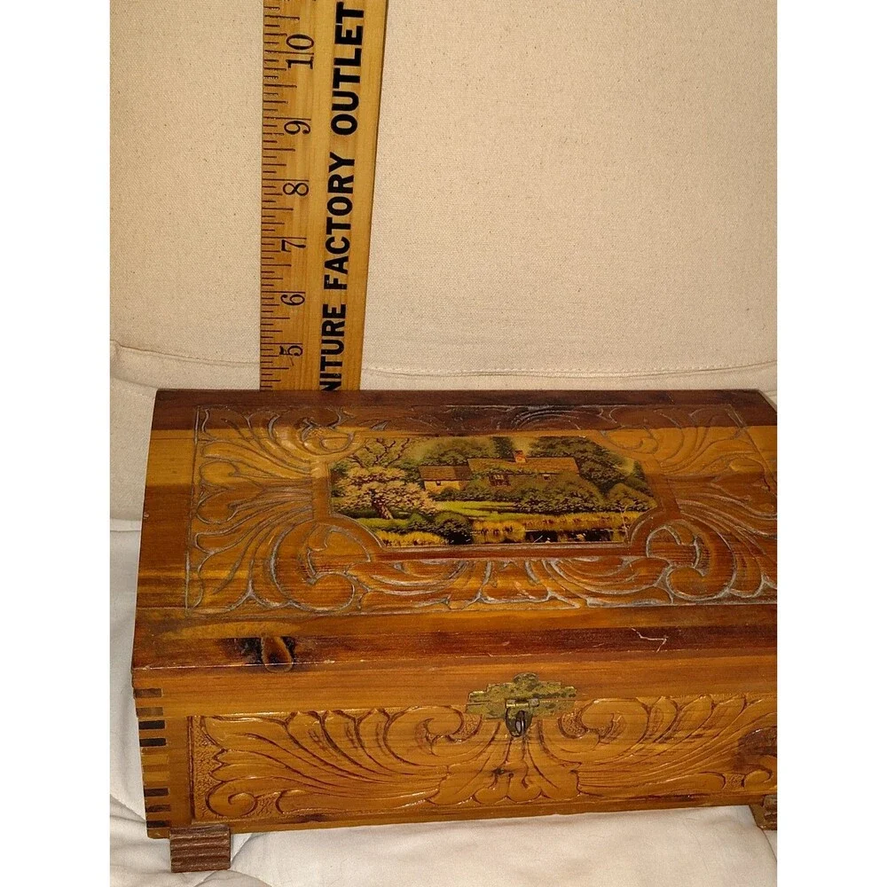 Vintage Mid-Century Carved Cedar Jewelry Box with Cottage Scene Interior Mirror